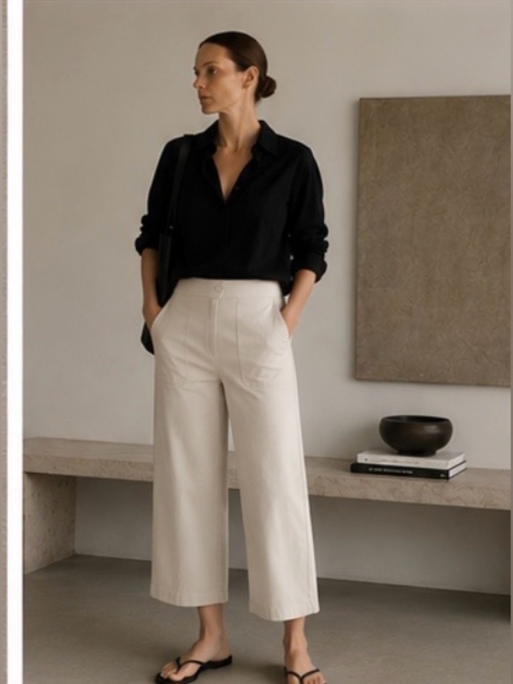 Esprit Mid-Rise Wide-Leg Utility Cropped Trousers in Cream